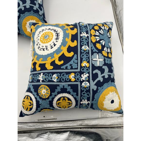 Set of 2 Embroidered Decorative Throw Pillows – Blue, Yellow & White - Picture 2 of 8